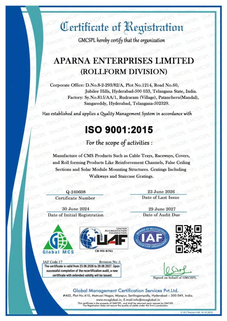 Aparna Rollform - Quality management certificate