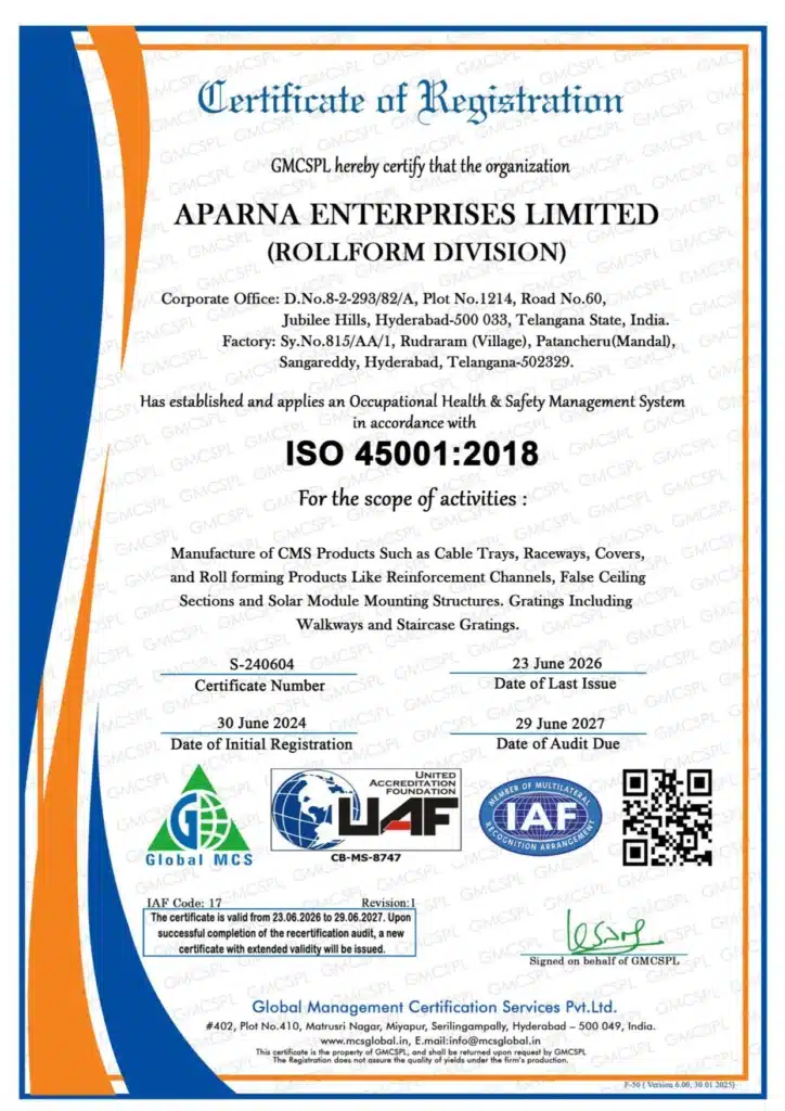 Aparna rollform - health and safty certificate